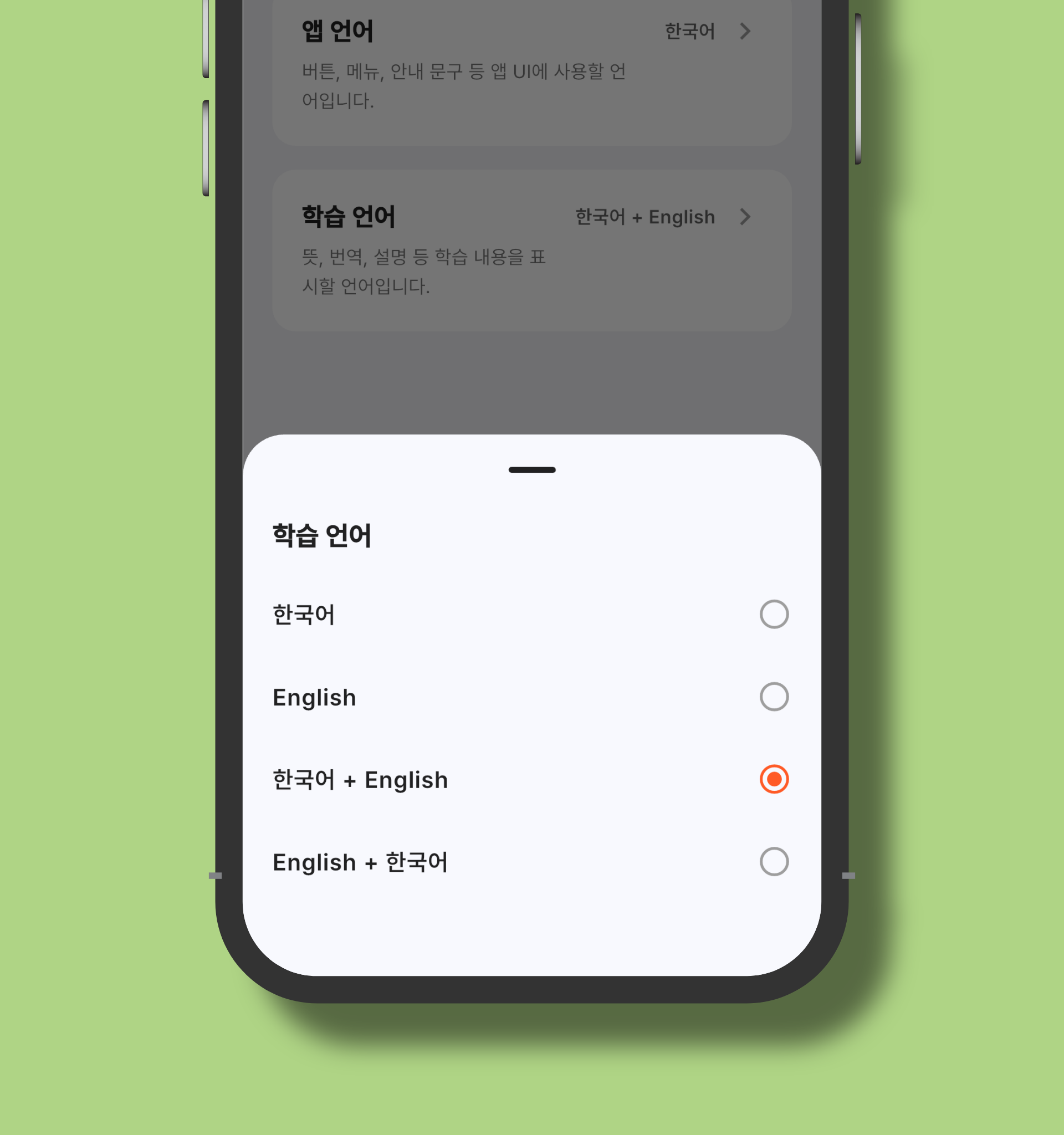 마나나 일본어 앱 설정 화면에서 학습 언어를 한국어, English, 한국어 + English, English + 한국어 중 선택하는 화면