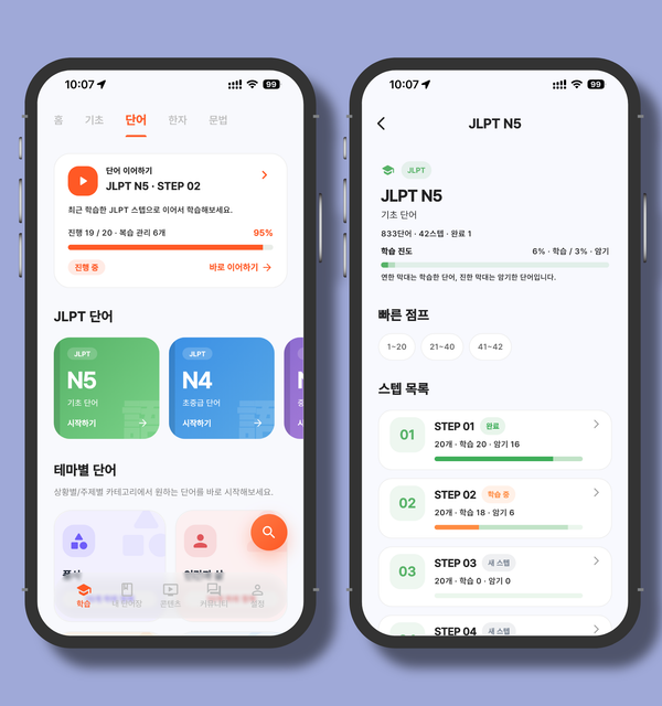 마나나 일본어 앱의 단어 탭에서 JLPT N4 단어장을 선택하고 스텝 학습을 시작하는 화면